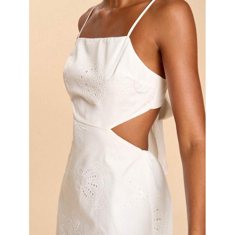 European summer new casual romantic vacation wind embroidery lace-up halter suspender dress women XS