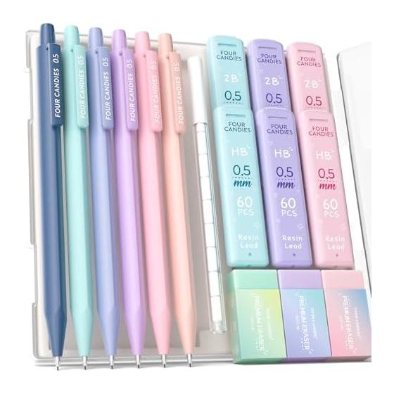 Four Candies Pastel Mechanical Pencil Set, 6 Pencils, 0.5mm HB & 2B Lead, Smooth Writing, Cute & Simple Design for Students, Includes 360 Lead