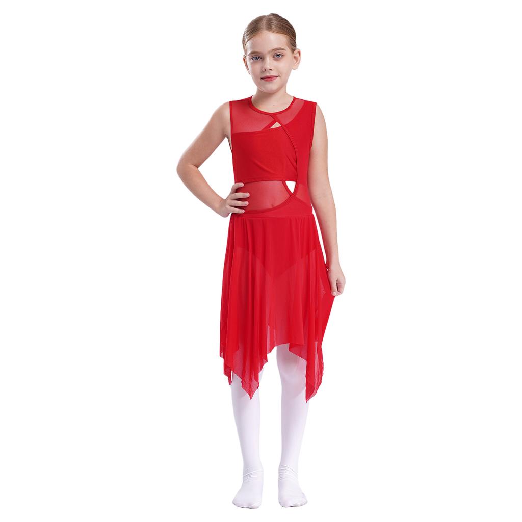 Kids Girls Lyrical Modern Contemporary Dance Dress Ballet Leotard Dress Cut Out Front Backless Mesh Tulle Skirt