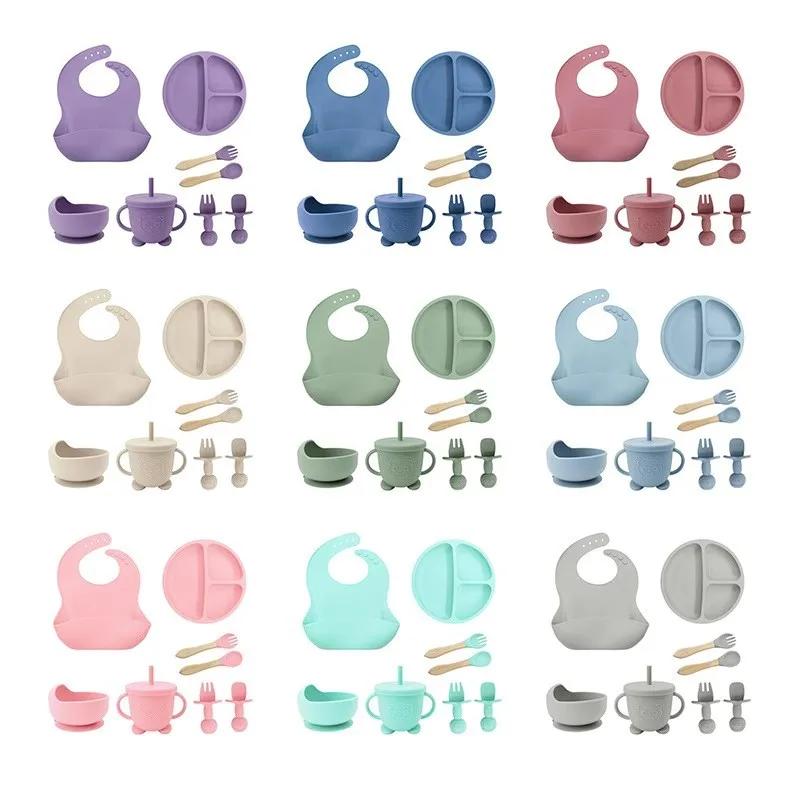 Food Grade Silicone Child Feeding Dish Set Baby Anti-Fall Strong Suction Cup 8 Piece Mealtime Utensils Easy Clean Up