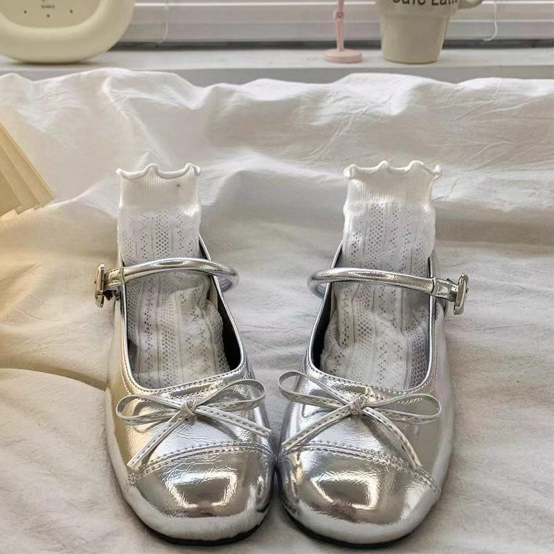 French Girls Flat Leather Shoes Ballerina Mary Jane Shoes Casual School Uniform Dress Shoes size 26 серебряный