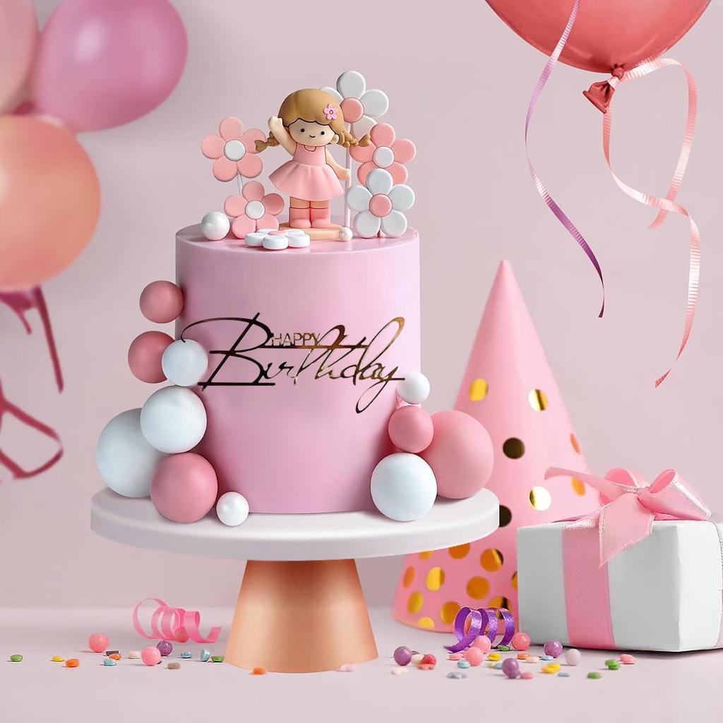 20st Flicka Tårtdekorationer Skumbollar Dekorationer Med Små Blommor För Baby Shower Födelsedag Jubileumsfest Dekorationer (Rosa)