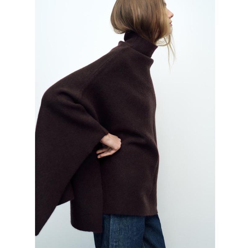 Autumn and Winter New Women Clothes Western Style Blended Fabric Asymmetric Stand Collar Knitted Cape Coat 3739027