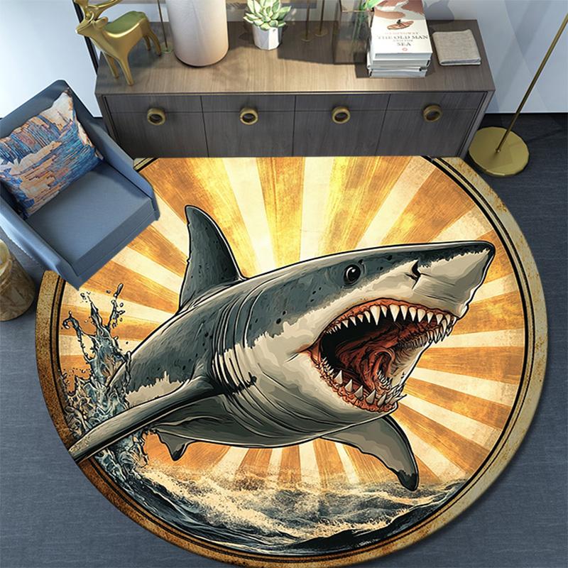 Great White Shark Round Area Rug,Carpet Rug for Living Room Bedroom Sofa Playroom Decor,Non-slip Floor Mat