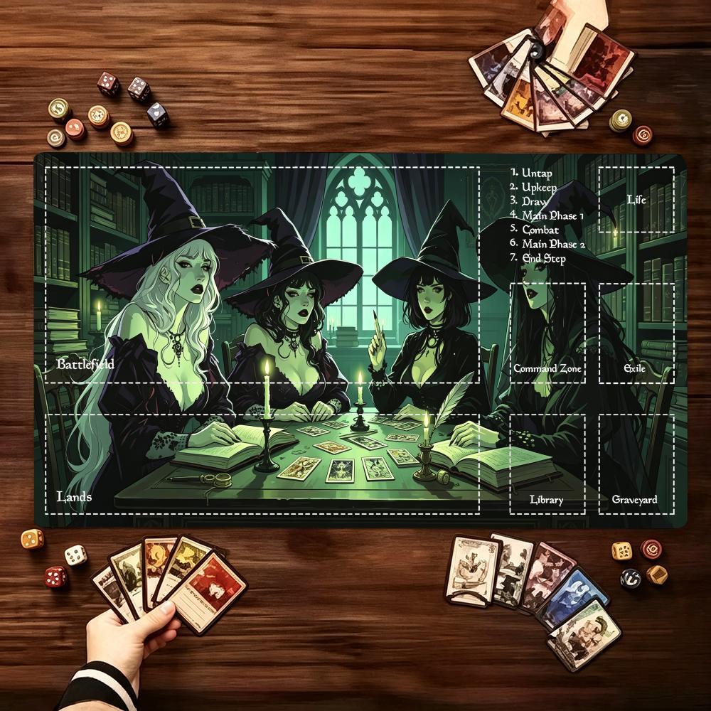 Halloween Witch Coven Pattern Game Playmat Non Slip Rubber Smooth Extended Table Mat For Trading Card Game Board Game Fans