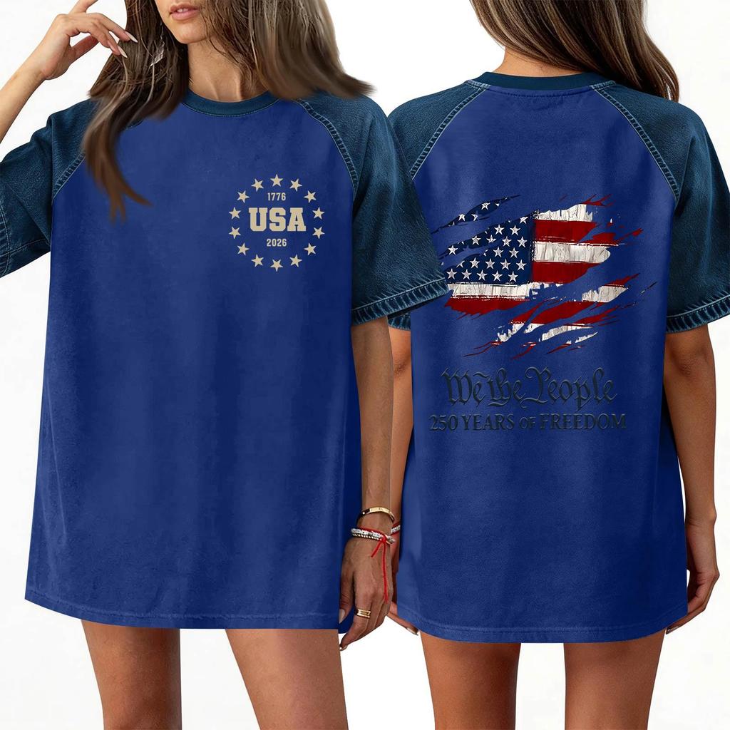 Denim Patchwork Shirts For Women Stand Collar Casual Blouse Short Sleeve Comfy Tshirt Spring Summer Fashion