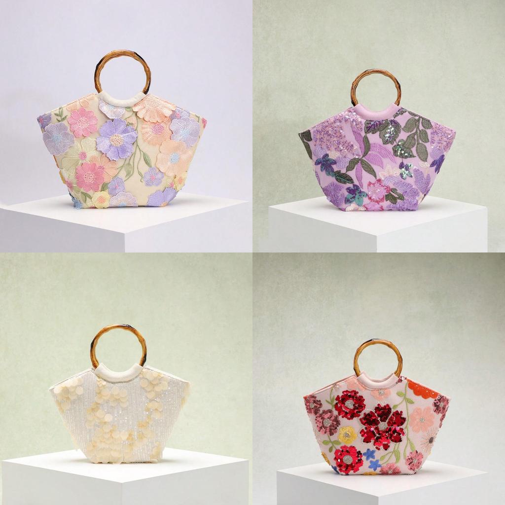 Beach Vacation Style Handbag With Embroidered Flowers And Sequins For Casual Day Use