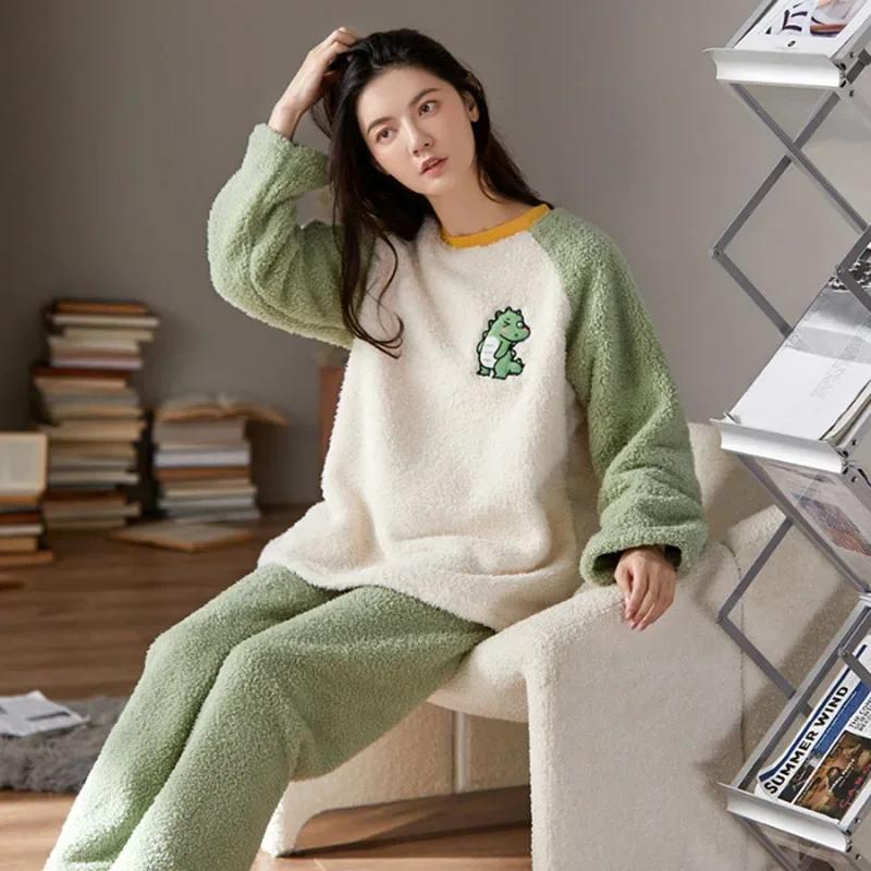 Thickened Warm Flannel Women's Sleepwear Coral Velvet Pajamas Winter Cute Cartoon Bear Padded Casual Ladies Nightwear 2PCS/Set