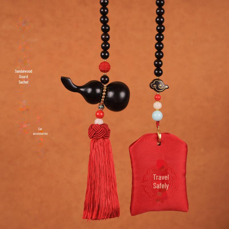 "Chinese Sandalwood Fortune Gourd Car Pendant for Safe Travel - High-End Car Accessory for Men and Women"