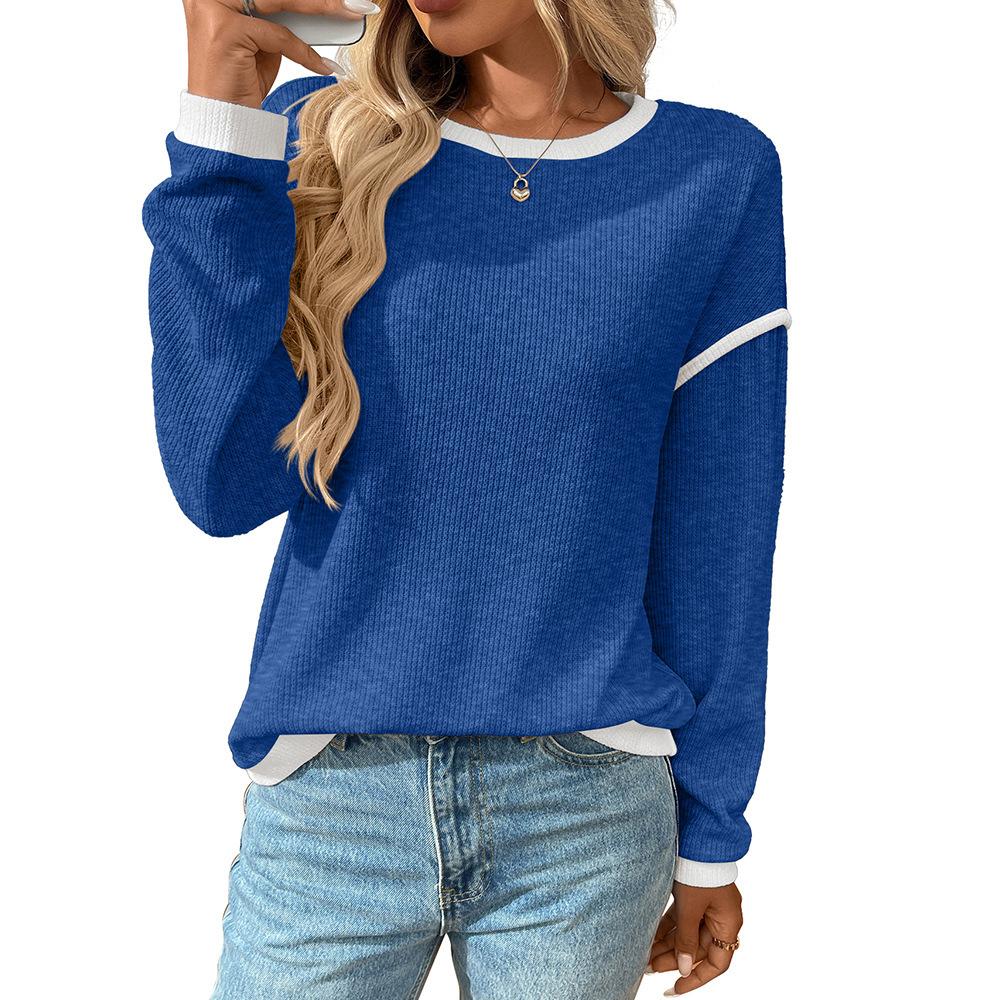 Women's Crew Neck Long Sleeve Top Loose Fit Streetwear Casual Sweater Color Block Patchwork Pullover Fall Knit Waffle Shirt