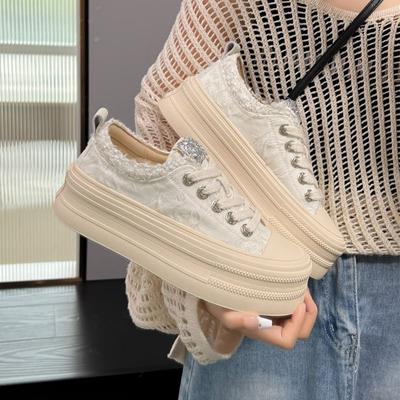 Female Footwear with Crystals Rhinestone Women's Shoes Off White Diamond High On Platform Canvas 2024 New Luxury Cotton A Sale H