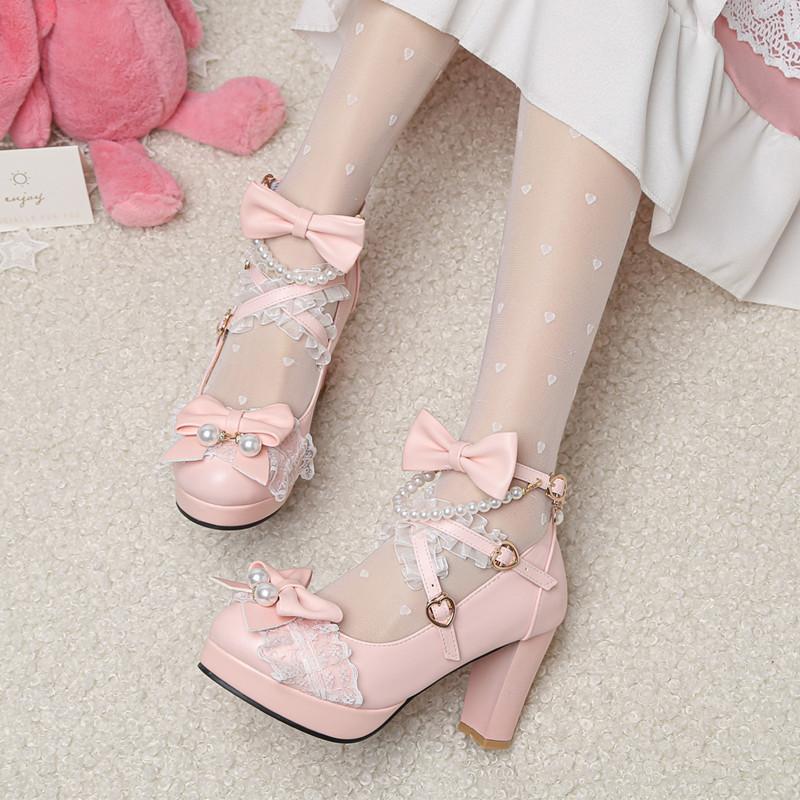Original Lolita beaded buckle with women's single shoes fashion thick heel light mouth lace bow sweet princess high heels