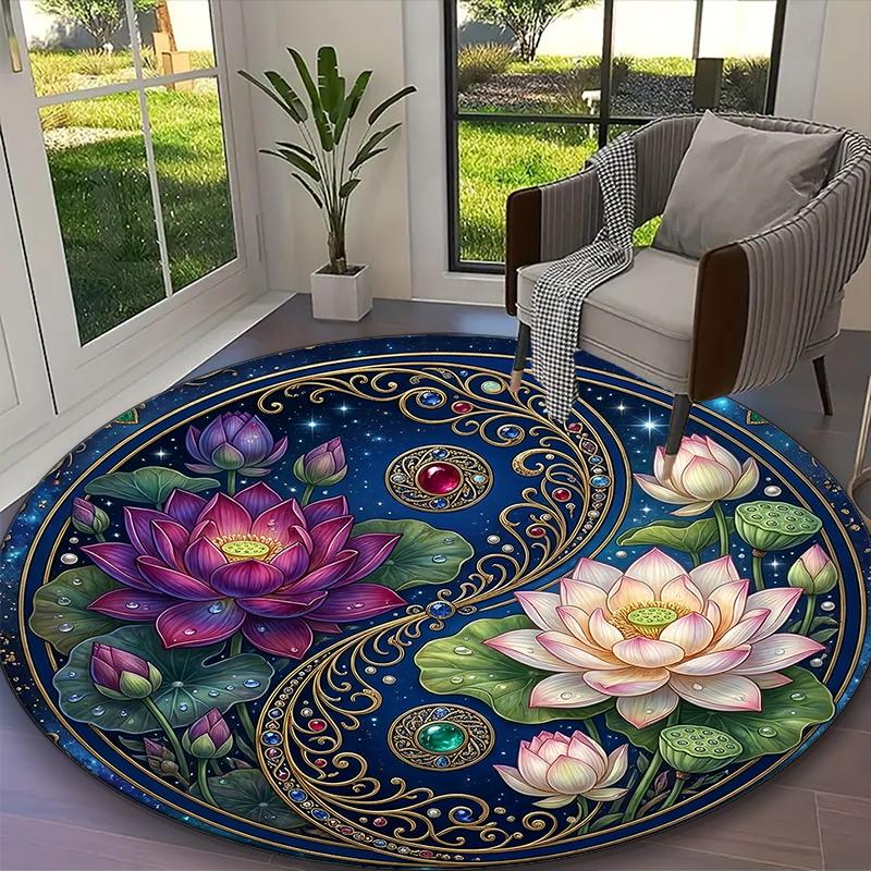 [1pc Blue Balance Red Peony Floral Blooms Office Chair Carpet] Digital Printed Round Rug for Home & Game Room Use, Soft Indoor Sofa Chair Mat