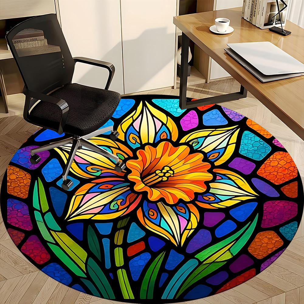 1pc Stained Glass Flower Office Round Area Rug, Indoor Mat Suitable ForOffice, Under Office Chairs Bedroom Living Room Home Decor, Room Deco  D054