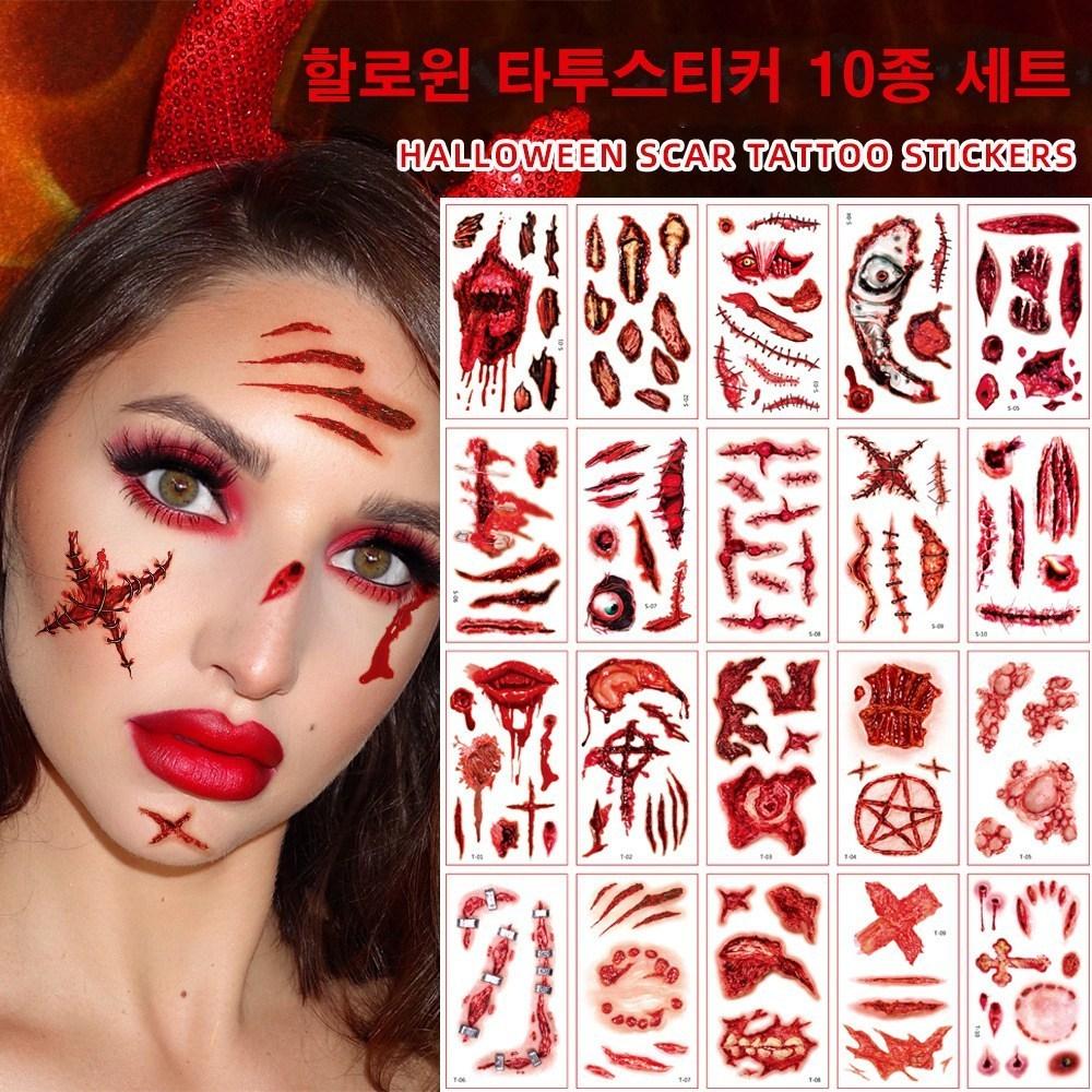 MIR WAY Halloween Make-up Wund-Tattoo Tattoo-Aufkleber Henna 10-teiliges Set, S 10-teiliges Set, 1 Stück