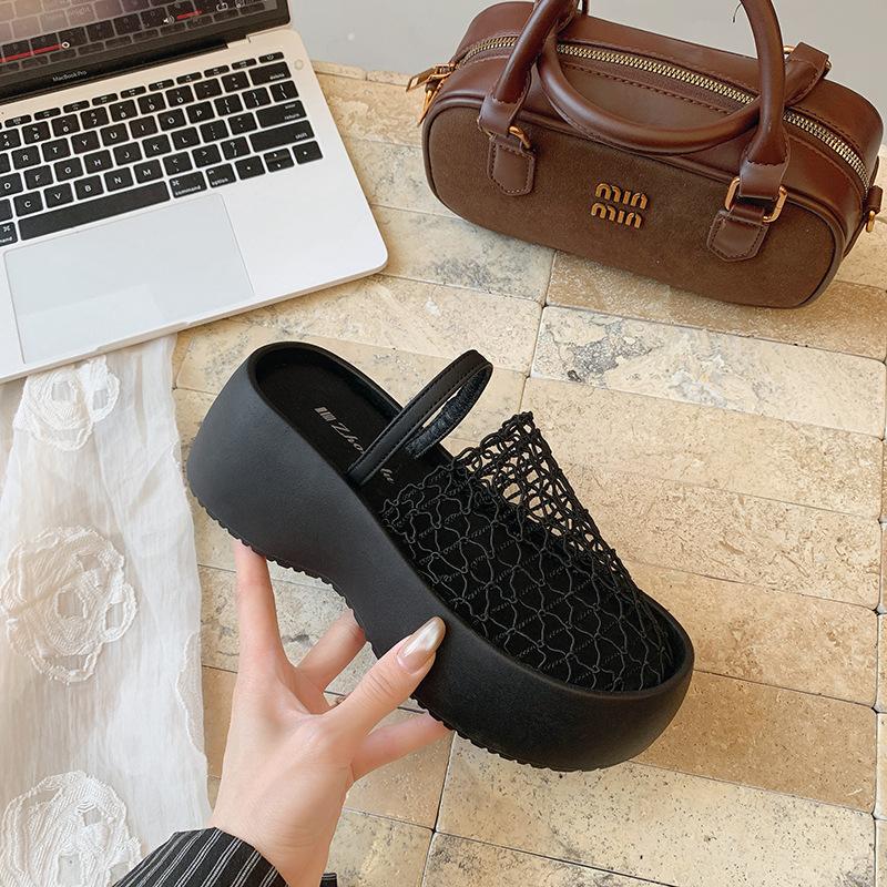Retro mesh hollowed out bag head cool slippers women's summer wear thick-soled wedge heels high heels holiday word with sandals