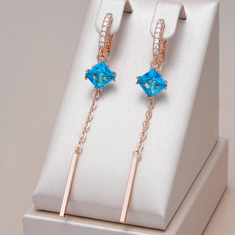 Trend Long Tassel Dangle Earrings For Women Fashion  Rose Gold Color With Blue Natural Zircon Fine Daily Jewelry