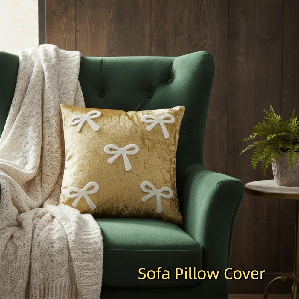Cute Velvet Sofa Pillow Cover Luxury Soft Cushion Cover with Bow Embroidery Decorative Bow Pillow Case Sofa Decor