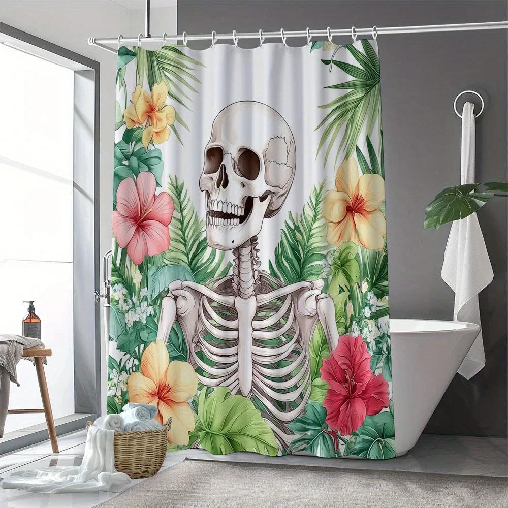 1Pc Skeleton Tropical Print Shower Curtain Bathroom Curtain With 12Pcs Free Hooks, Bathroom Home Decoration 180X200Cm