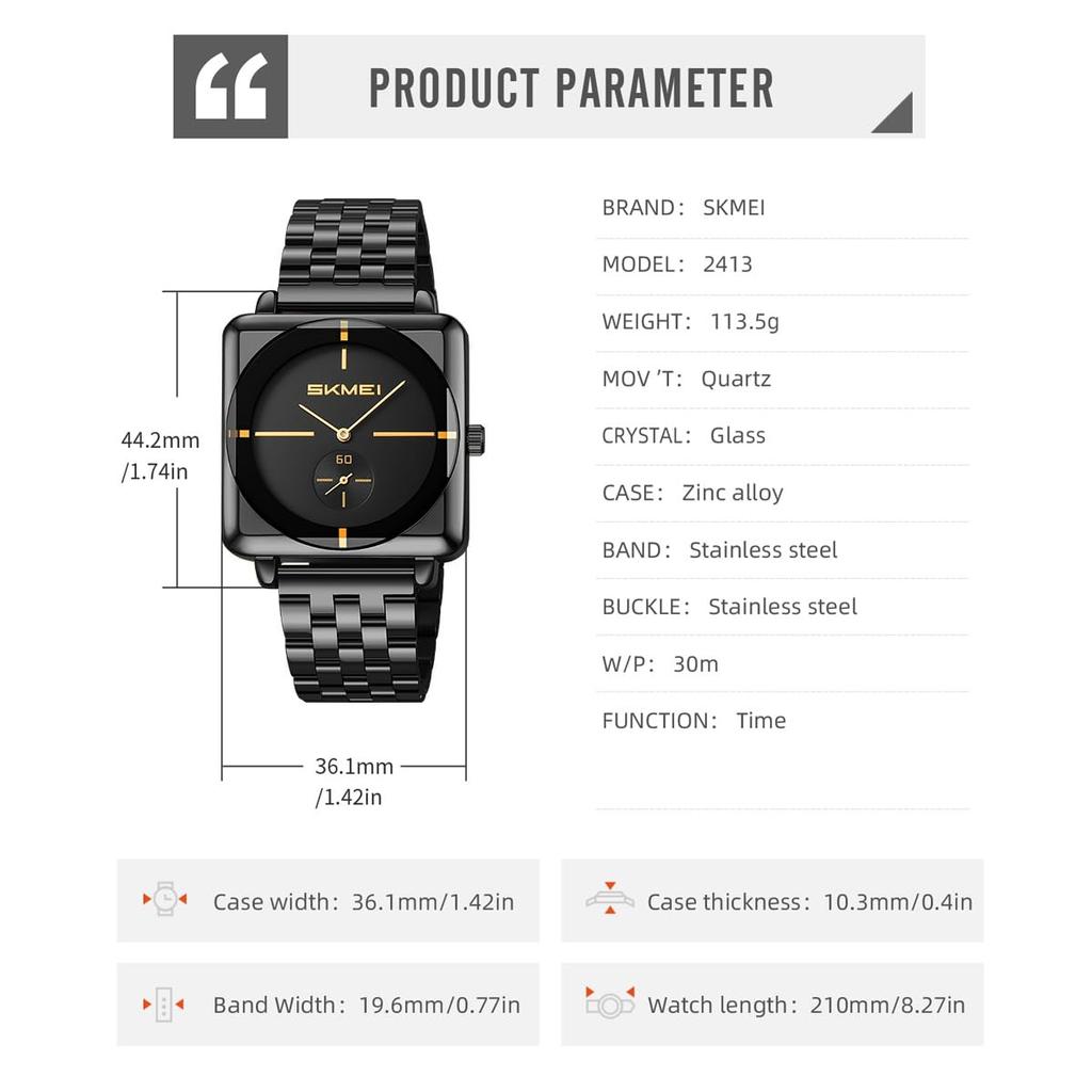 Skmei Square Watch Men Simple Stylish Stainless Steel Wristwatch Gentleman Waterproof Analog Business Casual Male Luxury Gift Black Wach for Men