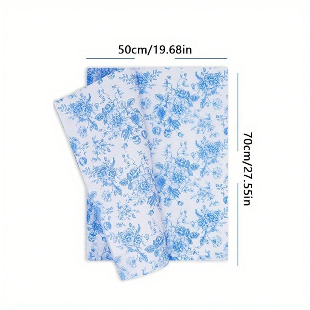 1 Set/ 20 Stück Großformatiges Blaues Floral Seidenpapier, Geschenkpapier, Vintage Blaues Und Weißes Blumen-Kunstdruckpapier Für DIY-Bastelarbeiten