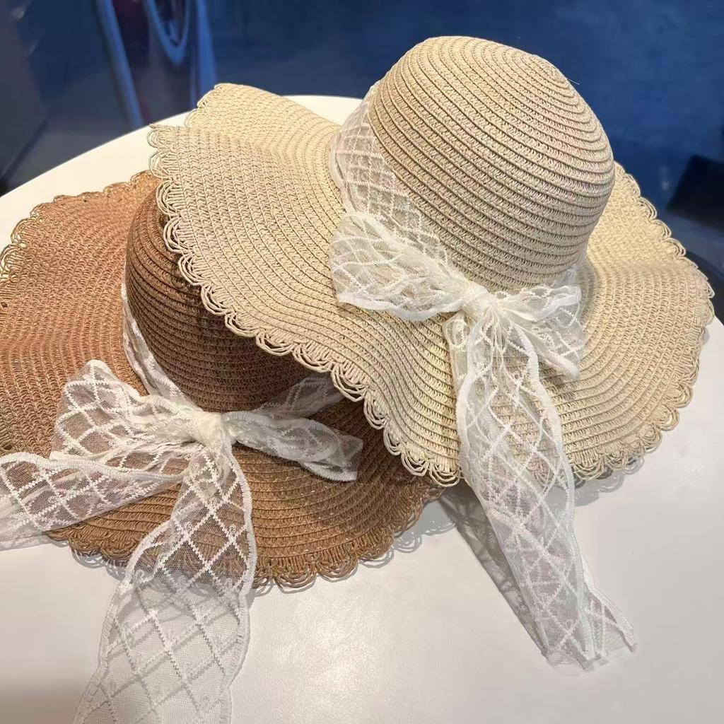 Bow lace straw hat sweet bucket hat summer seaside big brim vacation wind sunscreen sun hat
