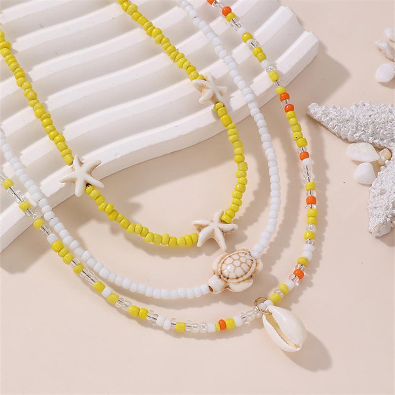 Bohemian Multilayer Rice Bead Chain Clavicle Necklace Vintage Acrylic Turtle Starfish Shell Pendant Choker Women'S Beach Jewelry