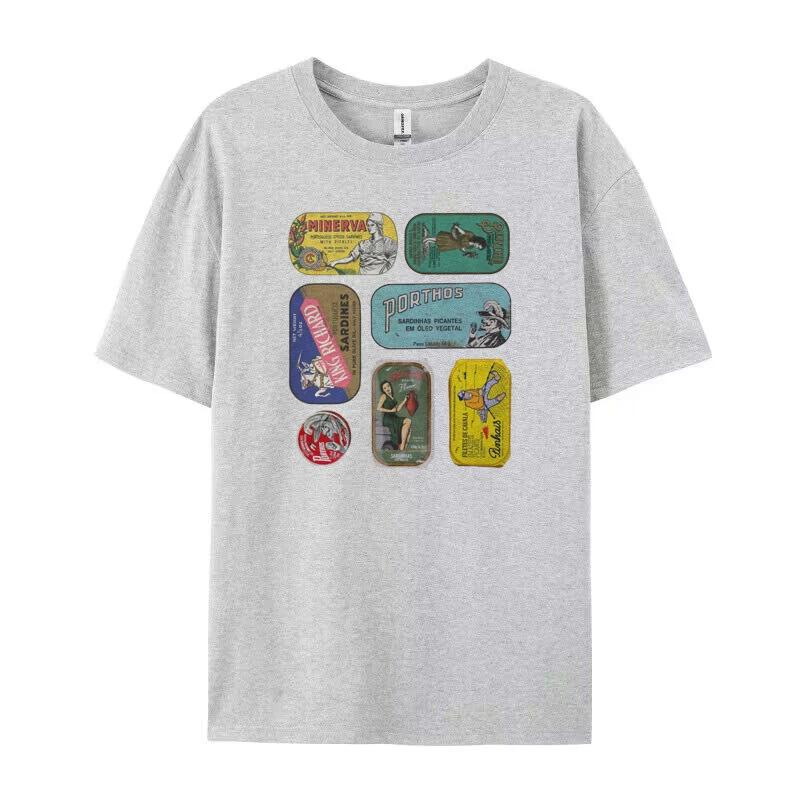 T-shirt Vintage da Donna con Sardine in Lattina Divertente Estetica Foodie T-shirt Carine Grafiche di Frutti di Mare Unisex Estive Larghe Top Retro