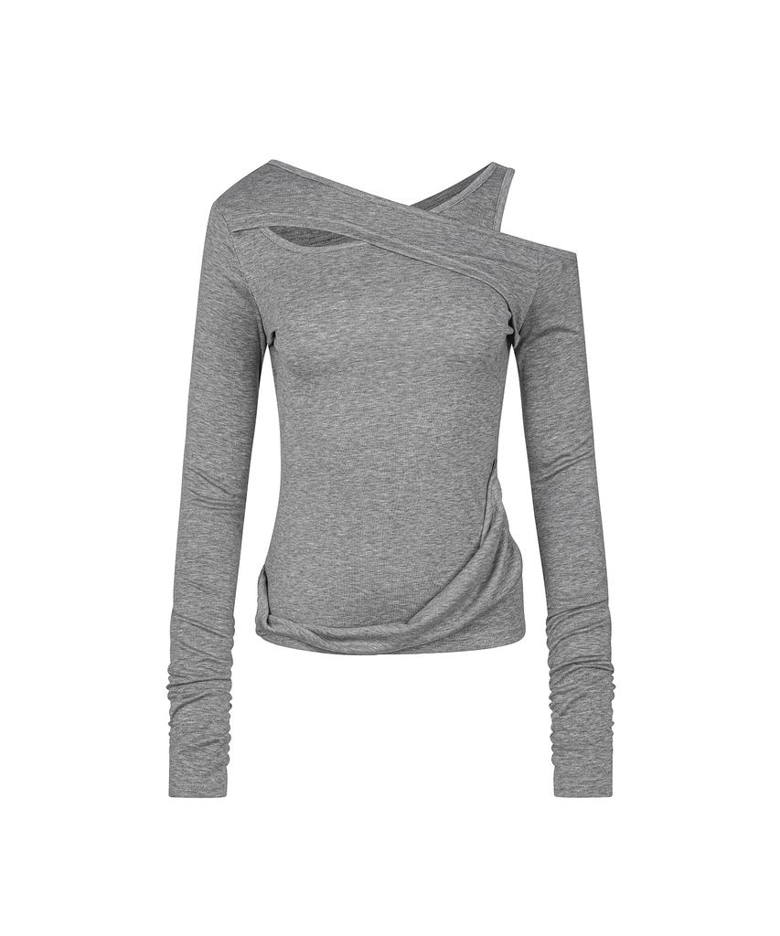 SECONDMONO Asymmetric Layered Off-Shoulder Top [Gray]_Sewts038Gray