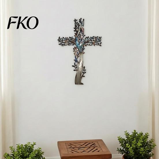 Artistiek Kruis Wanddecoratie Metaalkunst, Levensboom Kruisen IJzeren Basis Kunst Decoratie, voor Tuin Woonkamer Slaapkamer Holle Tak Blad Beeldhouwwerk