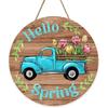 Deroro Hello Spring Blue Truck Sign for Front Door Decor, Tulip Flowers Pickup Wood Door Hanger for Outdoor Outside Porch, Rustic Farmhouse Wooden