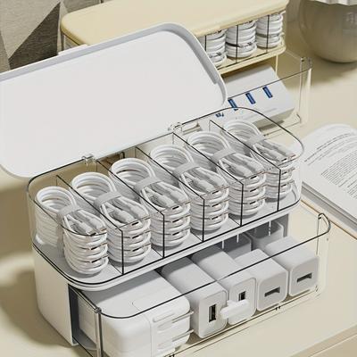 1 Stück Doppelschichtige Transparente Desktop-Kabelorganisationsbox - Kompakte Aufbewahrungslösung für Kabel und Ladegeräte für Homeoffice, Doppelschichtiges Design