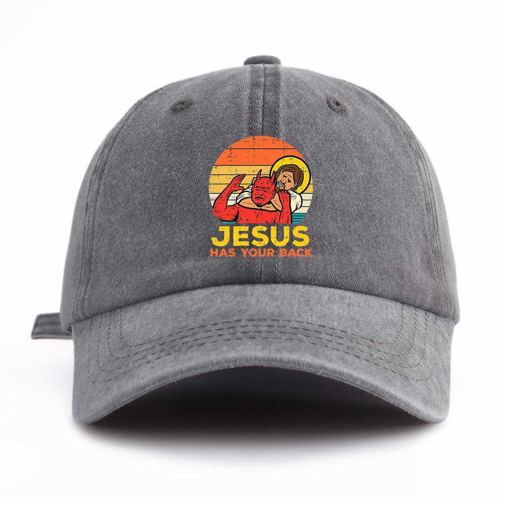 1 Stück JESUS HAT DICH IM RÜCKEN Aufdruck Gewaschene Baseballkappe für ErwachseneMinimalistischer Retro-Stil Lässig Weich Verstellbar Papa-HutPerfekt Als Geschenk