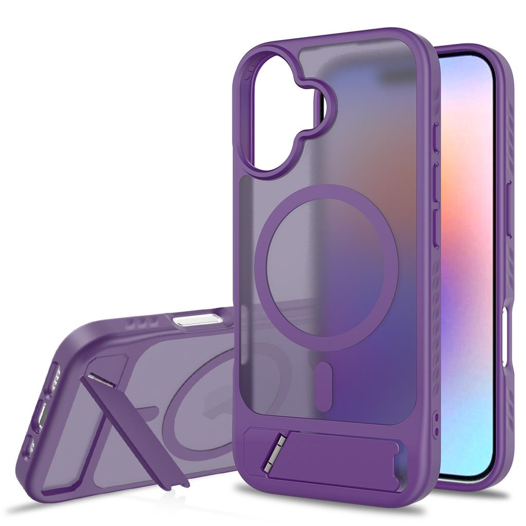 Funda Trasera Protectora de Impacto con Soporte, Carcasa Magnética, Soporte para Carga Inalámbrica Magsafe, PC Rígido Mate Translúcido + TPU para iPhone 16 17