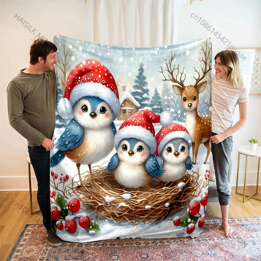 Multi Size Festive Birds in Snow Nest Pattern Blanket Flannel Material Soft Warm for All Seasons Home Outdoor Camping Picnics RV 75X95CM