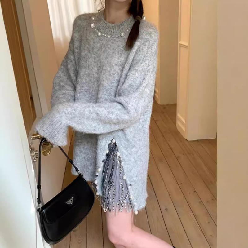 Split fork loose lazy wind knitted sweater women's autumn and winter design sense nail bead pullover sweater women's high-end top