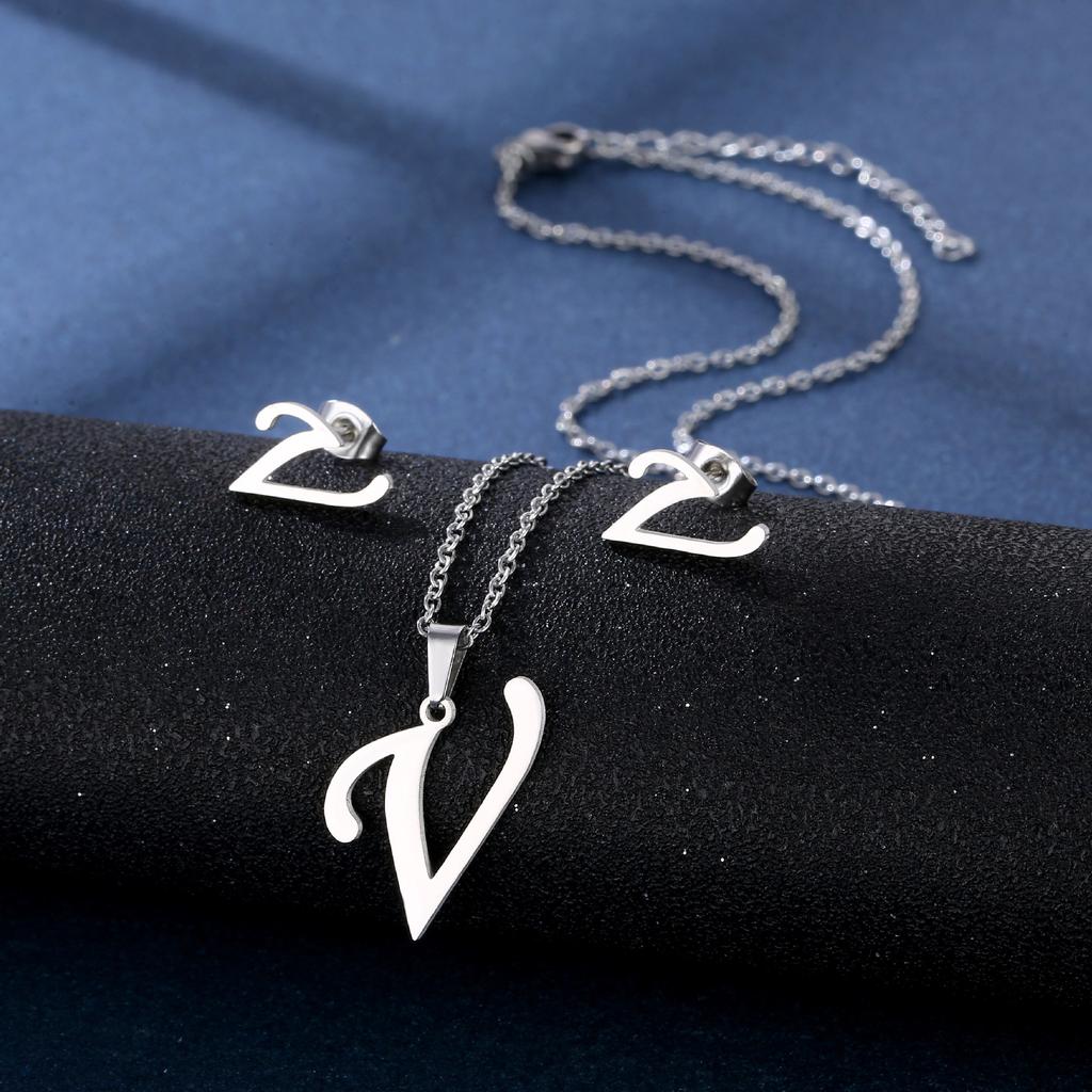 Fashion Alphabet Necklace And Earrings Set Shiny Colorfast Pendant Choker Jewelry