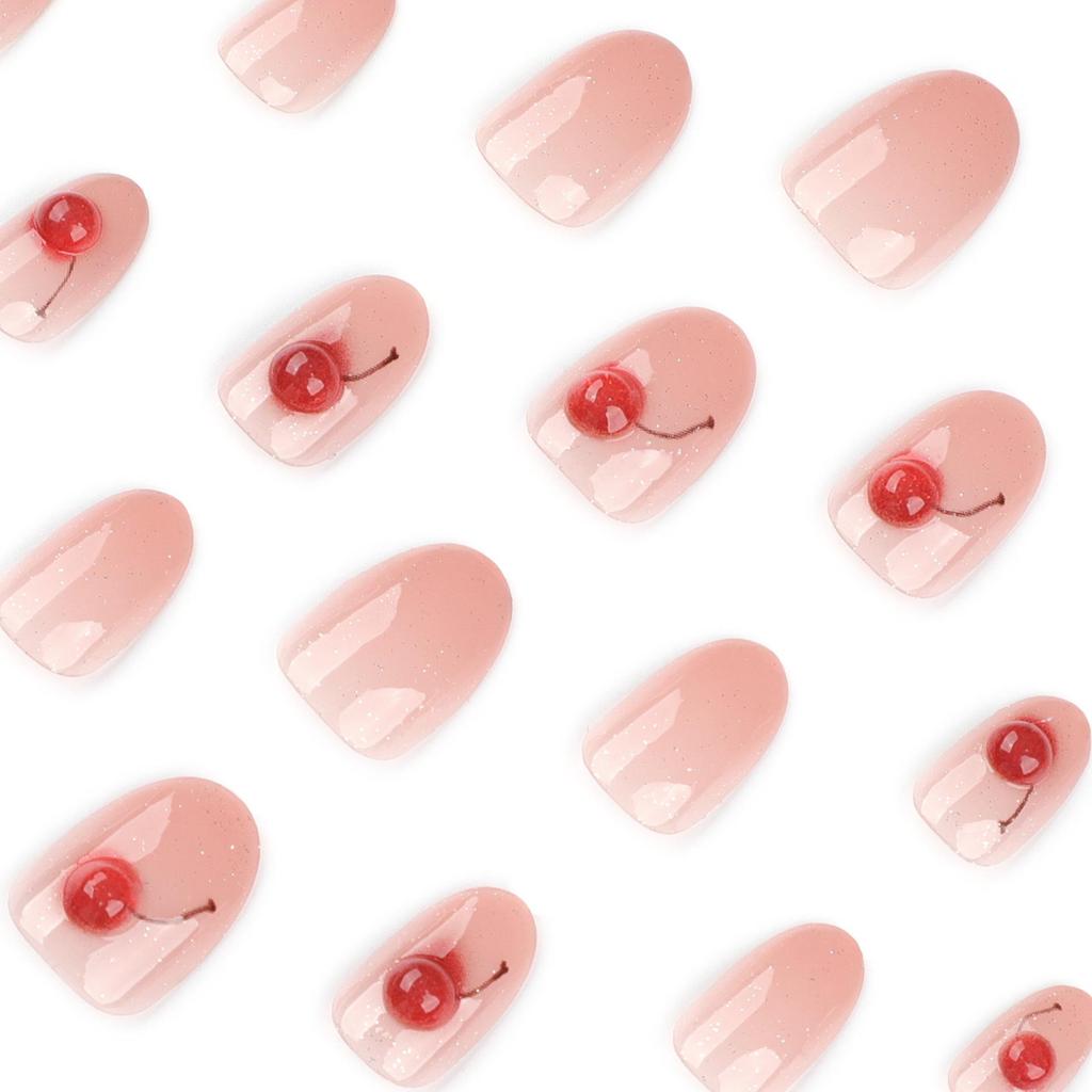 3D Glitter Cherry Nail Art Tips - Short, Round, Wearable Sparkle Nails