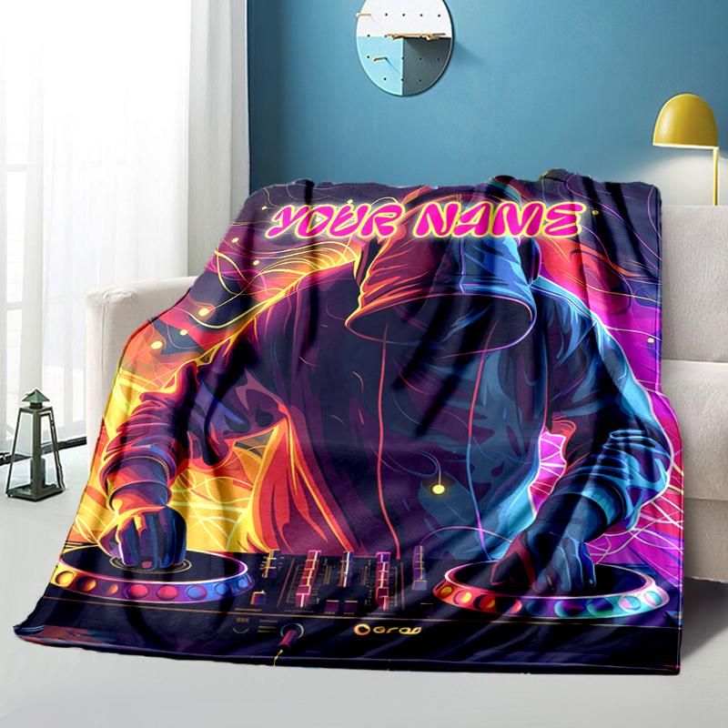 1PC Custom Name DJ Neon Lights flannel blanket versatile,all-season throw suitable for the living room,bedroom,camping,travel,and gift