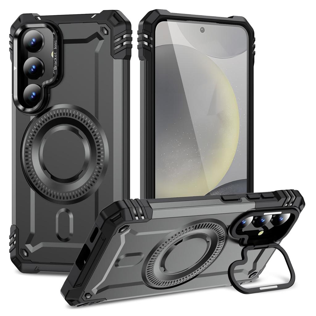 For Samsung Galaxy S24 Magnetic Case Lens Kickstand PC + TPU Shockproof Phone Cover