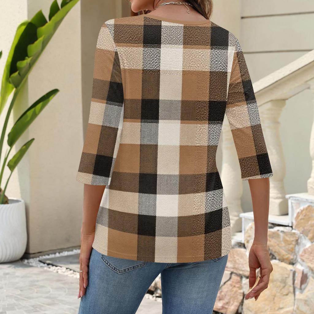 Women's Fashionable Casual Three Quarter Sleeve Printed Collar Pullover Top