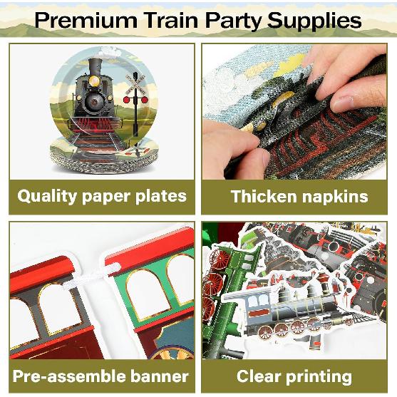 party greeting 109Pcs Train Birthday Party Supplies Includes Steam Train Party Plates Napkins Fork Retro Train Banner Hanging Ceiling Swirls for