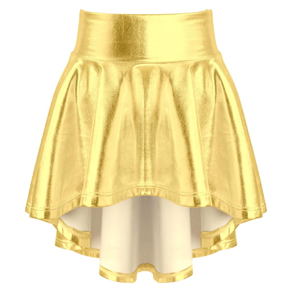 Girls Elastic Waist Ruffle Dance Skirt Bronzing Cloth Irregular Hem Stylish Performance Skirt