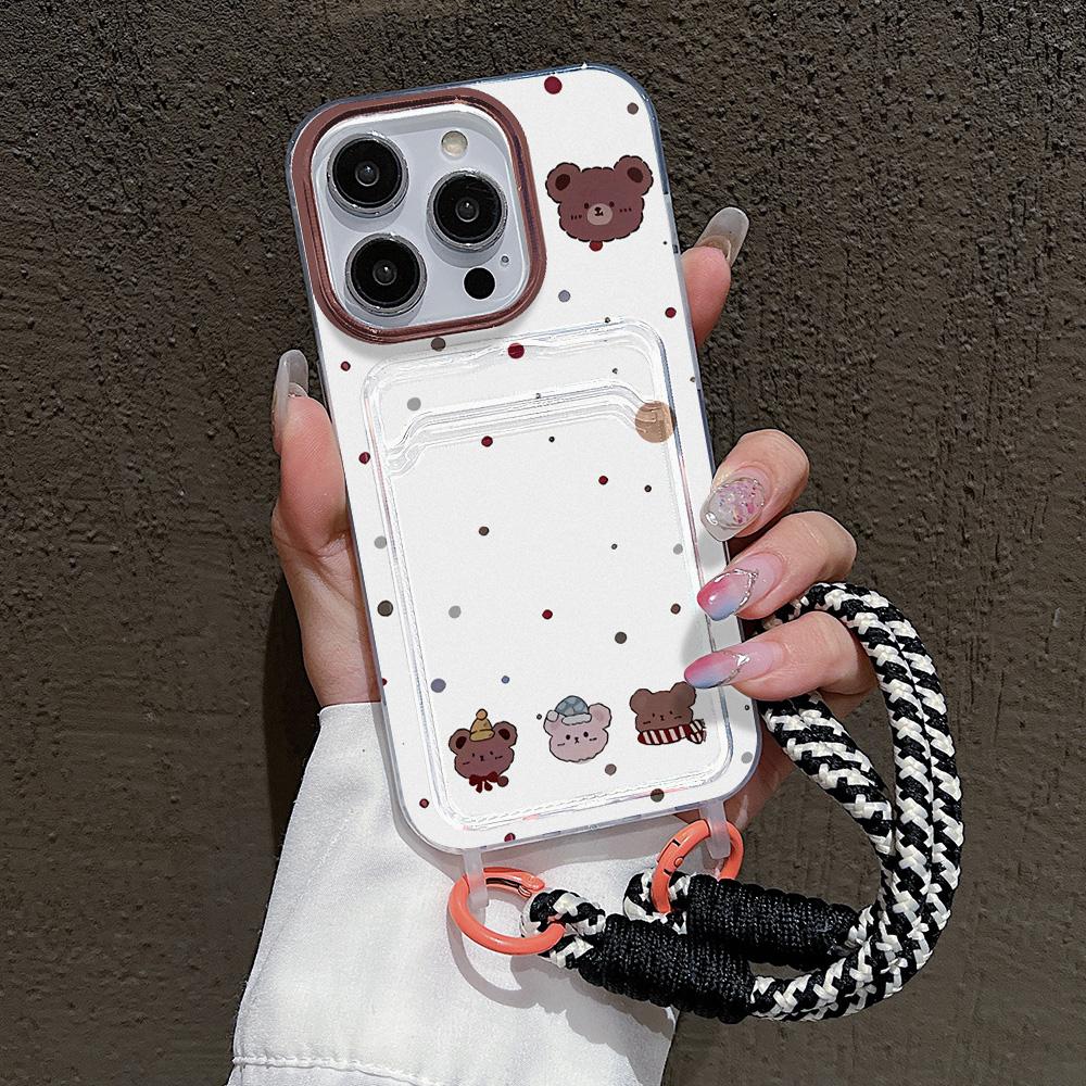 Cute Cartoon Bear Hang Chain Lanyard Phone Case For iPhone 13 11 12 14 15 16 Pro Max 7 8 Plus XR XS X SE  Card Holder Cover