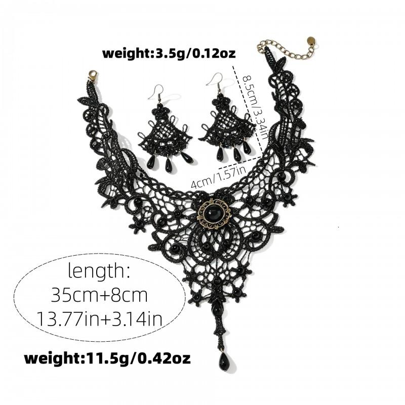 Vintage Lace Gothic Necklace Earring Set Women - Handmade Retro Floral Geometric Pendant Jewelry Accessories
