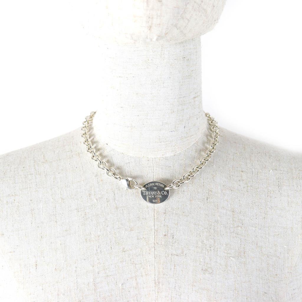 Great TIFFANY&Co. Necklace oval tag choker Silver SV925 mens Used