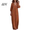 3/4 Sleeves Maxi Dress Bohemian Ruffle V-Neck Long Dress, for Comfortable Women Dresses Women, Solid Color Casual Loose Spring Fall Flowy