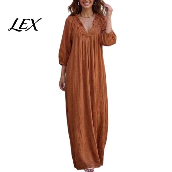 3/4 Sleeves Maxi Dress Bohemian Ruffle V-Neck Long Dress, for Comfortable Women Dresses Women, Solid Color Casual Loose Spring Fall Flowy