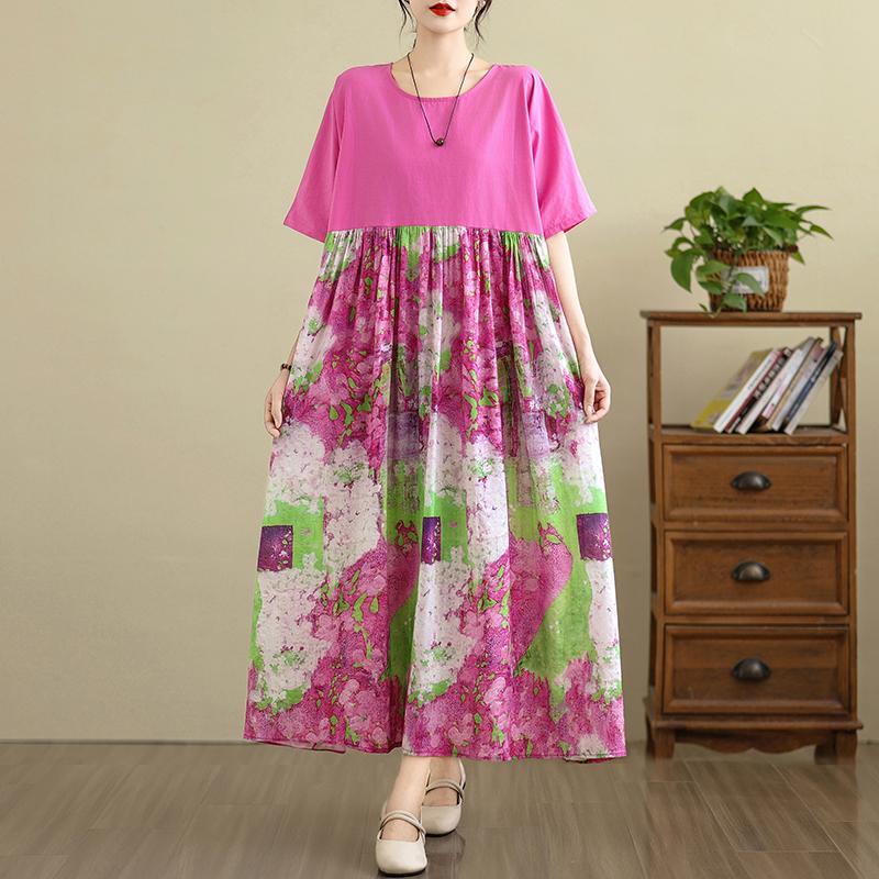 

DIMANAF 2025 Women Plus Size Vintage Summer Dress Short Sleeve Casual Basic New Printing Dress Loose Long Dress One Size розовый