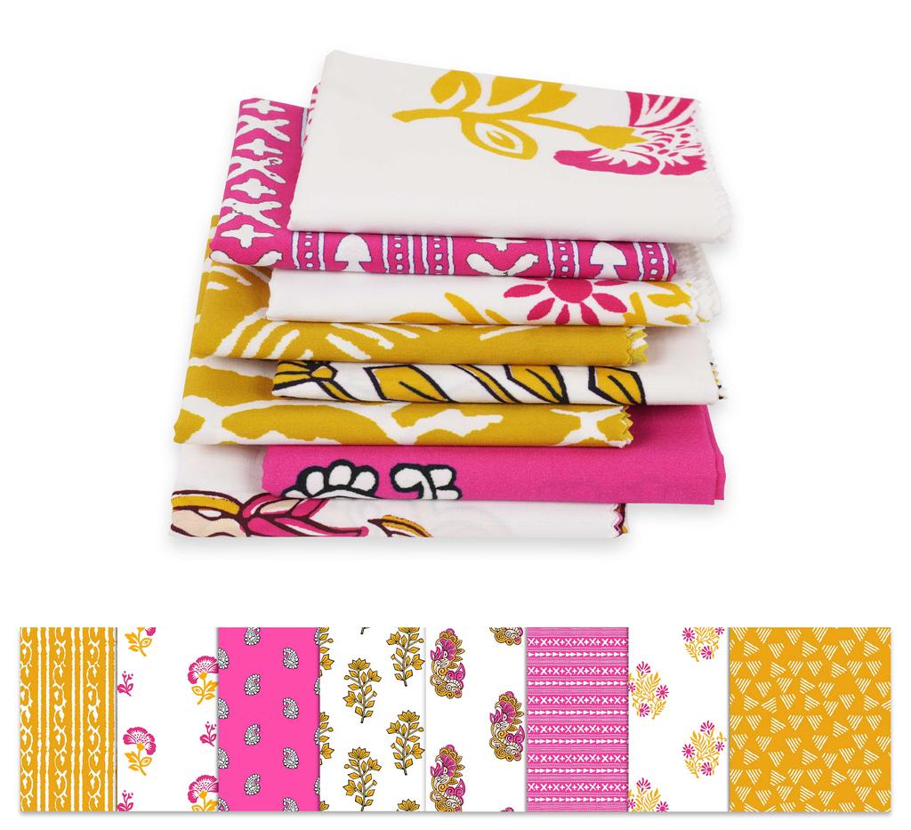 Soimoi 8 Pc Fat Quarter Bundle,  Block  Print 18"x 22"  DIY Patchwork-  100  Cotton  Pre-Cut Quilting Fabric Pink &